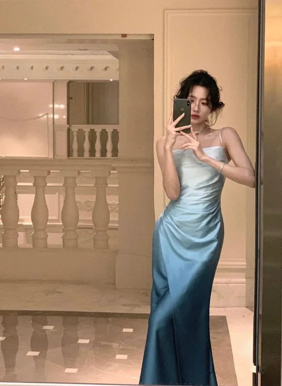 Blaues elegantes schmales Spaghettiträger-Schulterfreies langes Ballkleid Abendkleid Partykleid Geburtstagskleid nv2321