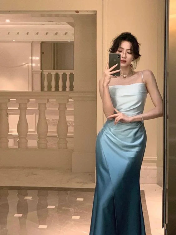 Blaues elegantes schmales Spaghettiträger-Schulterfreies langes Ballkleid Abendkleid Partykleid Geburtstagskleid nv2321