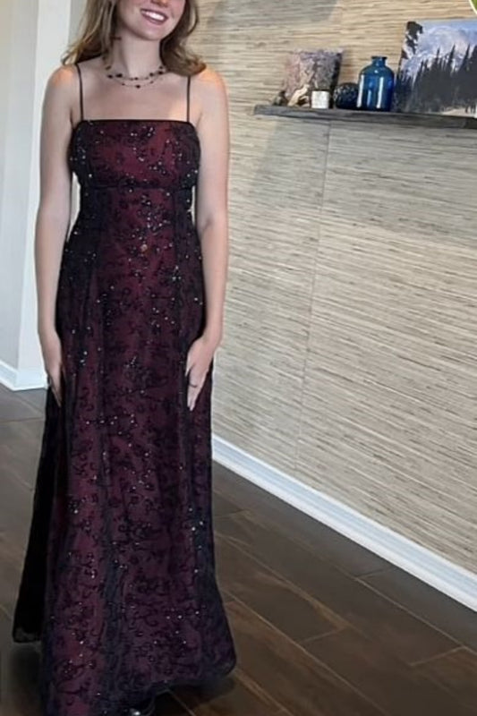 NiceVestidos--Prom Highlight Style Burgundy Beaded Floral Embroidered Spaghetti Strap Floor-Length Prom Dress NV5807