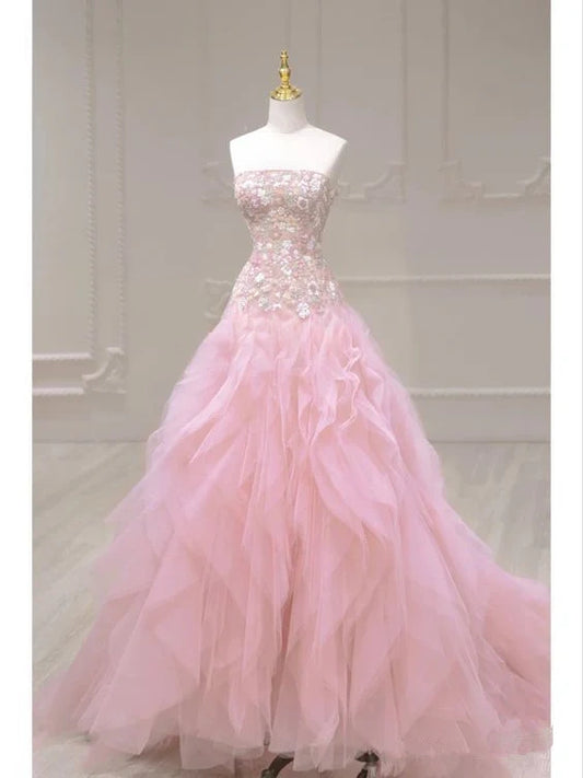Robe de bal longue et élégante en tulle à épaules dénudées, motif floral exquis, rose, nv3307