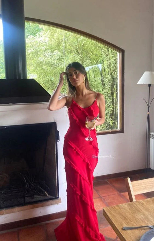 Sexy rotes Ballkleid mit Rüschen und langen Ärmeln, Abend- und Partykleid, NV1772