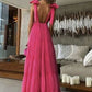 Hot Pink V-Ausschnitt Neckholder Trägerlos Schulter Schleife Langes Ballkleid Abendkleid Abendkleid Partykleid nv2549