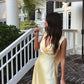 Hellgelbes, schlichtes A-Linien-Ballkleid aus Satin mit V-Ausschnitt, langes Ballkleid, Bankettkleid, Abendkleid, Partykleid, nv2500