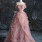 Rosa Ballkleid mit langen Tüllträgern und Fantasie-Feen-Muster, Abendkleid, Abschlussballkleid, NV3451