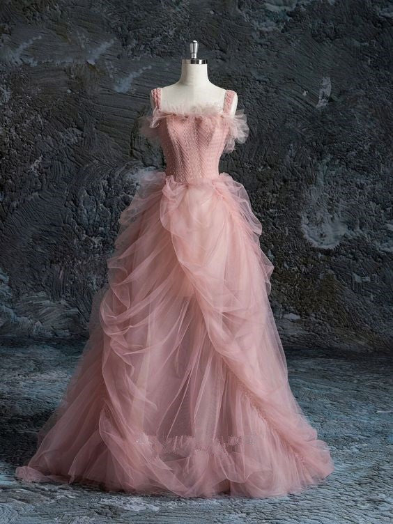 Rosa Ballkleid mit langen Tüllträgern und Fantasie-Feen-Muster, Abendkleid, Abschlussballkleid, NV3451