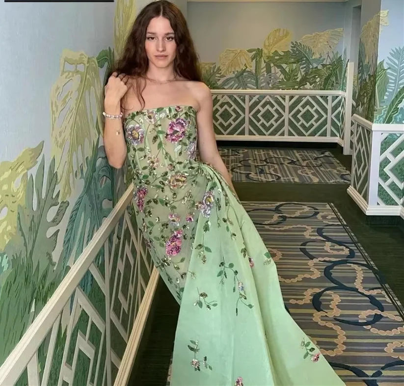 Pretty Sheath Strapless Green Floor Length Evening Dress Organza Prom Dresses With Embroidered nv5337