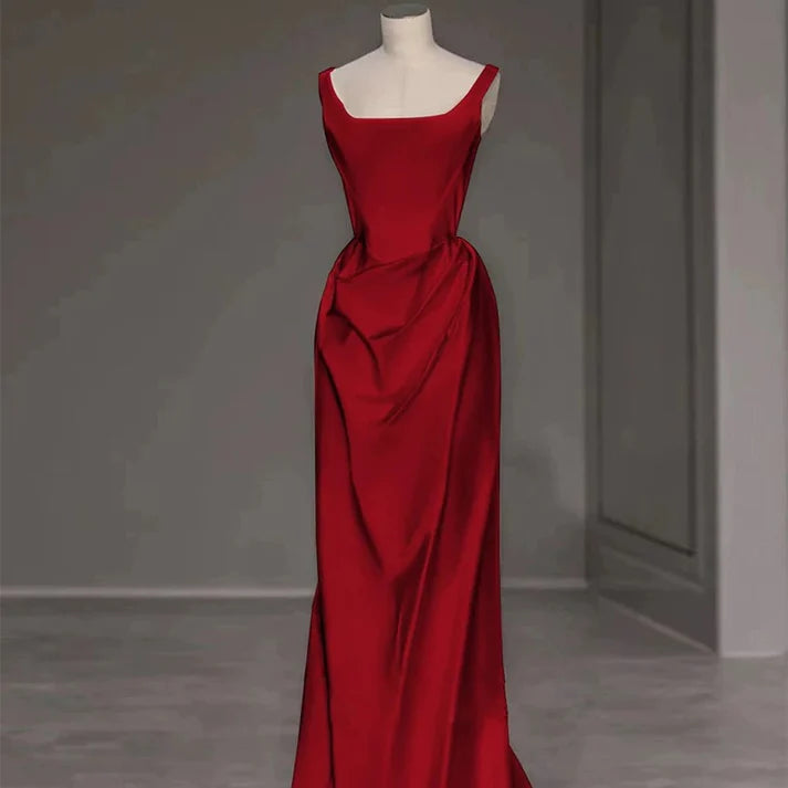 Red retro fashion square neckline sexy mermaid long satin floor length ball gown evening dress nv3618