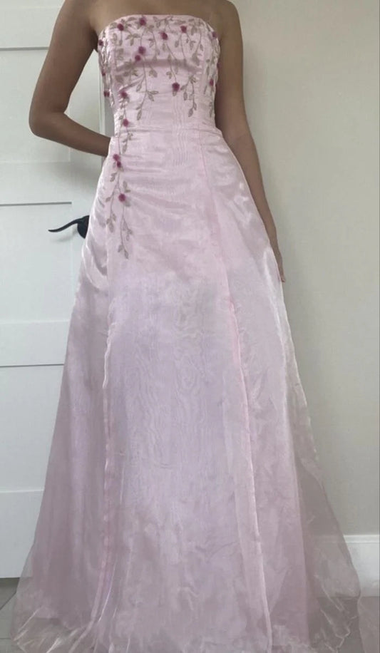 NiceVestidos--Retro Pink Floral Long Satin Prom Dress Fairy Dress Nv5602
