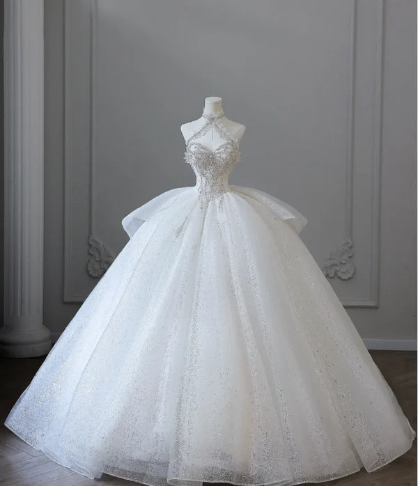 Elegantes weißes, exquisites, perlenbesetztes, langes Tüll-Spaghettiträger-Ballkleid, Hochzeitskleid NV5318