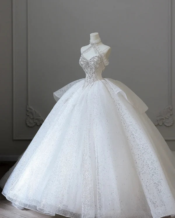 Elegantes weißes, exquisites, perlenbesetztes, langes Tüll-Spaghettiträger-Ballkleid, Hochzeitskleid NV5318