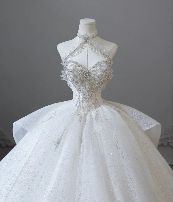 Elegantes weißes, exquisites, perlenbesetztes, langes Tüll-Spaghettiträger-Ballkleid, Hochzeitskleid NV5318