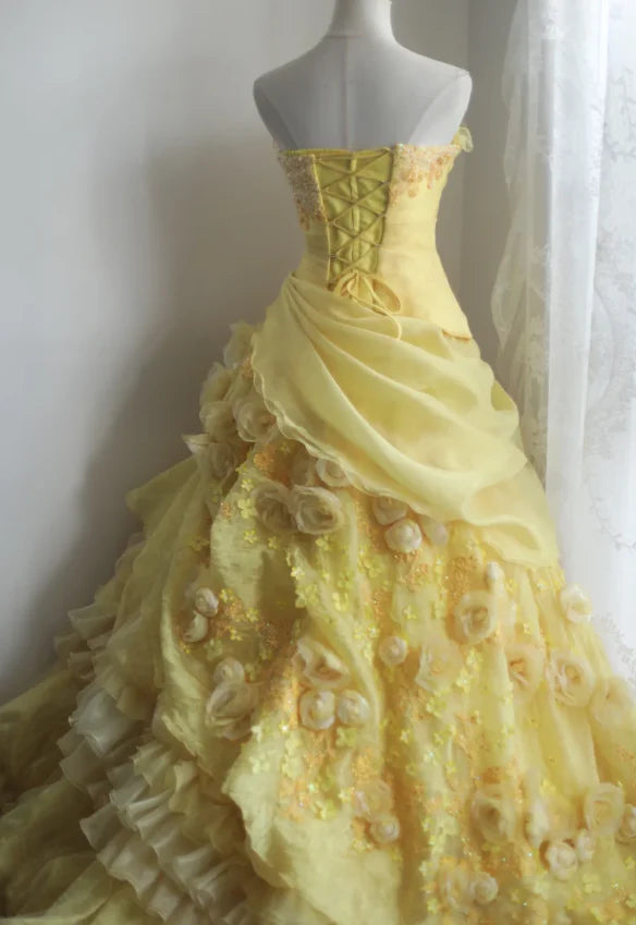 NiceVestidos--Yellow Floral Retro Heavy Handmade Flower Tube Top Pleated Multi-Layer Long Birthday Dress Wedding Dress Prom Dress NV5794