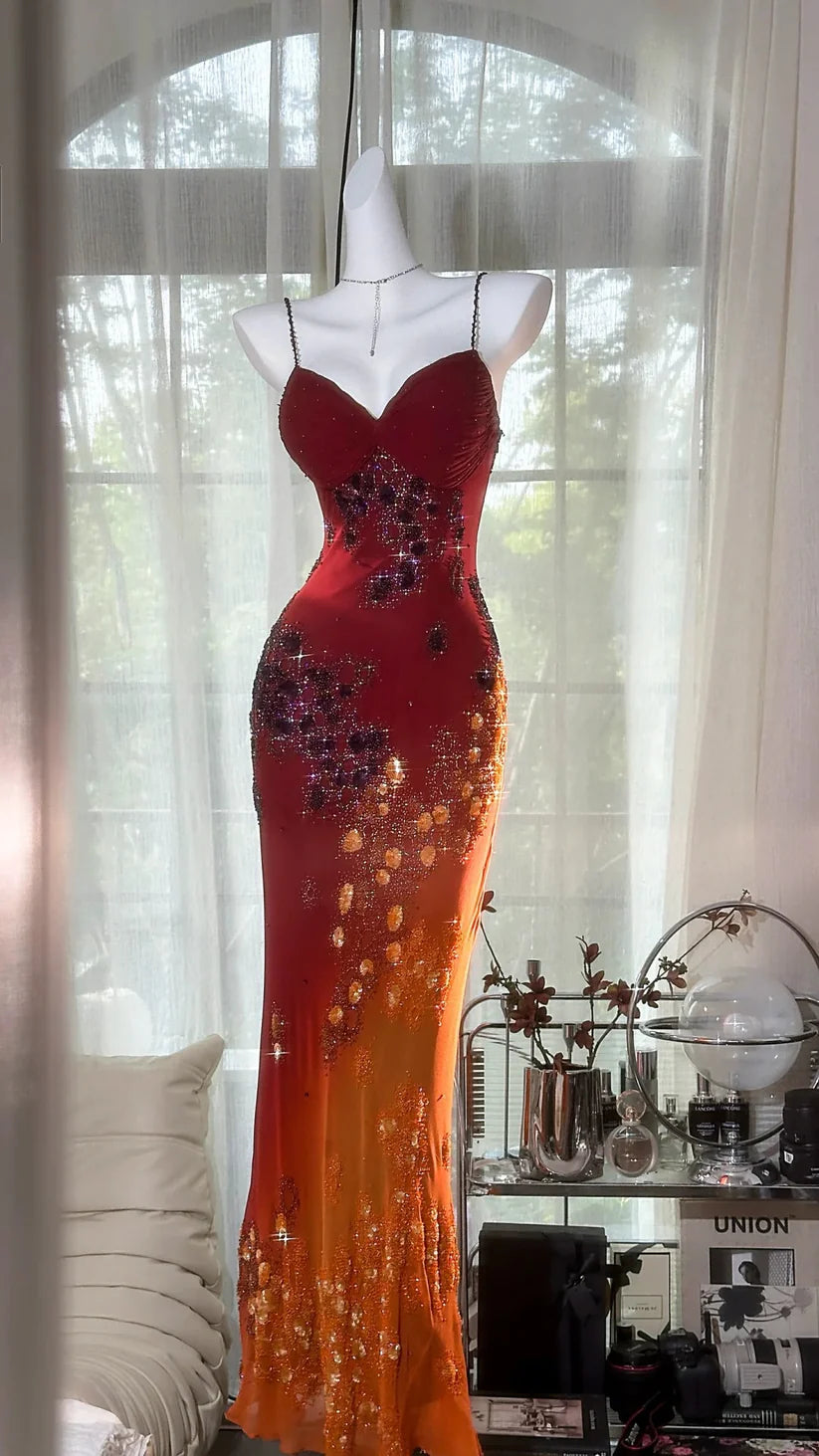 Red orange beaded shiny chiffon halter elegant mermaid beaded long evening gown Prom Dress party dress nv5107