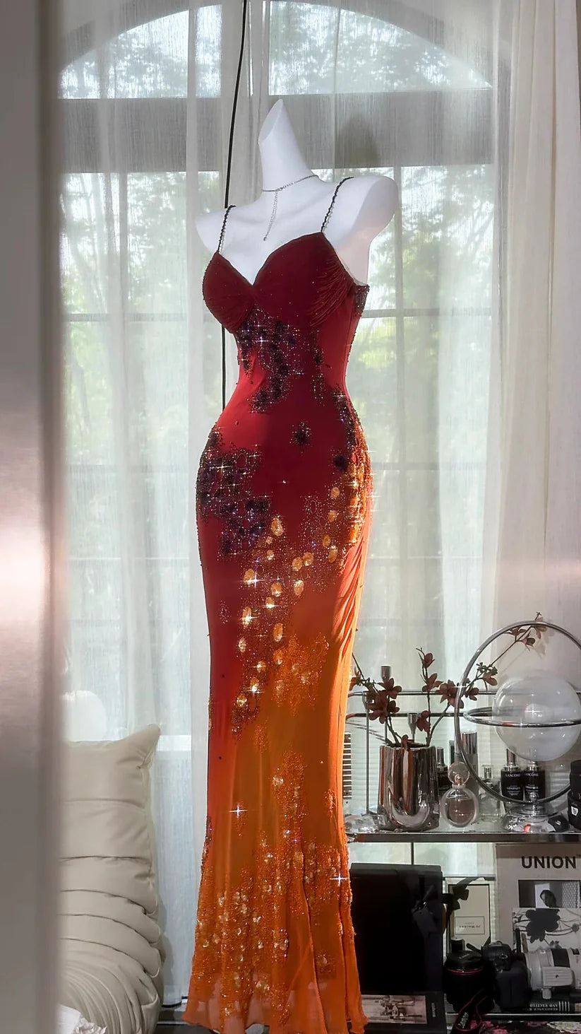 Red orange beaded shiny chiffon halter elegant mermaid beaded long evening gown Prom Dress party dress nv5107
