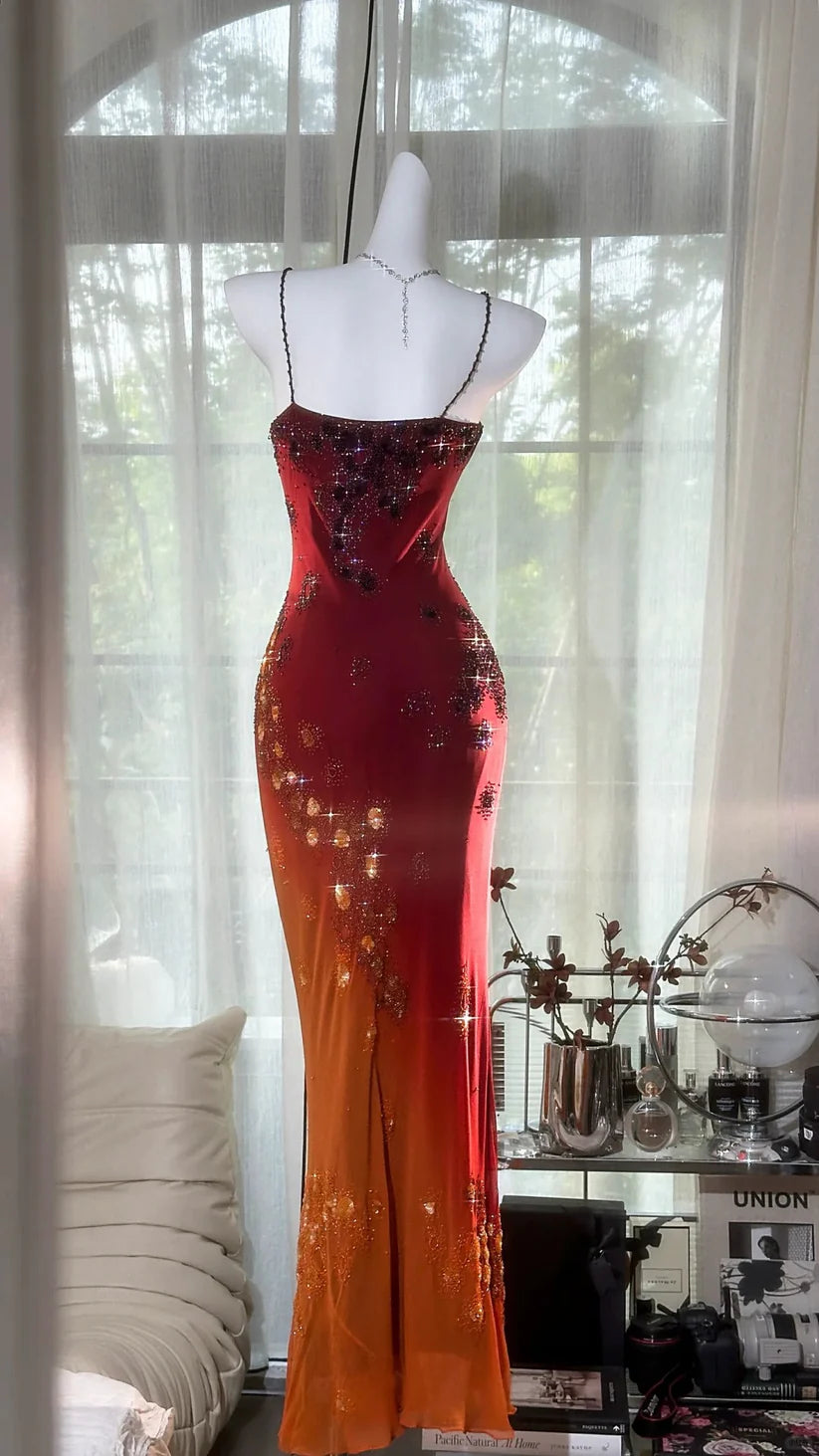 Red orange beaded shiny chiffon halter elegant mermaid beaded long evening gown Prom Dress party dress nv5107