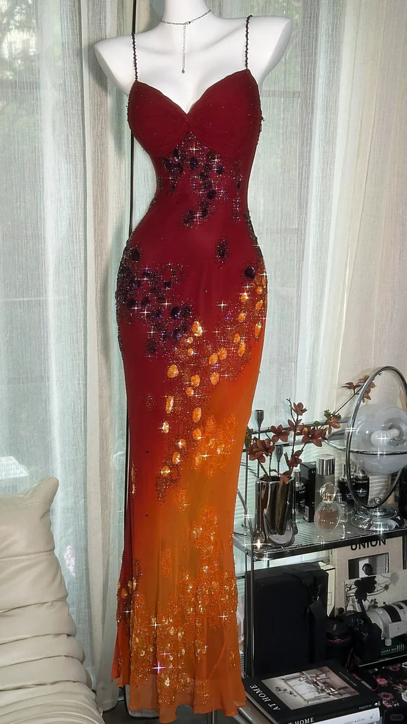 Red orange beaded shiny chiffon halter elegant mermaid beaded long evening gown Prom Dress party dress nv5107