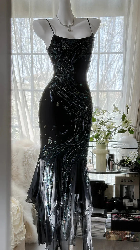 Black gorgeous retro elegant exquisite beaded chiffon spaghetti strap prom dress nv5409