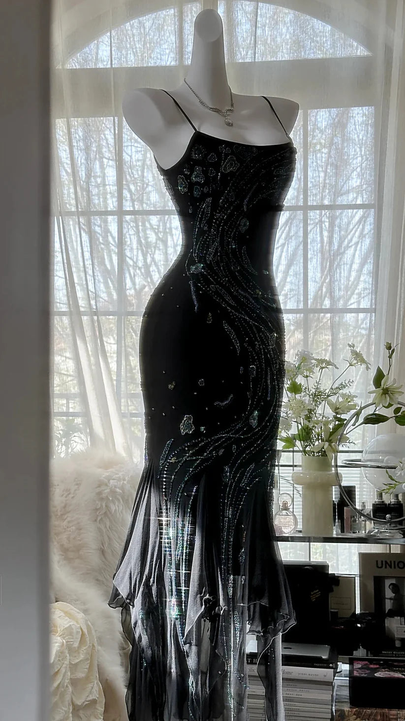 Robe de bal noire magnifique, rétro, élégante et exquise, en mousseline de soie perlée, à bretelles spaghetti, nv5409