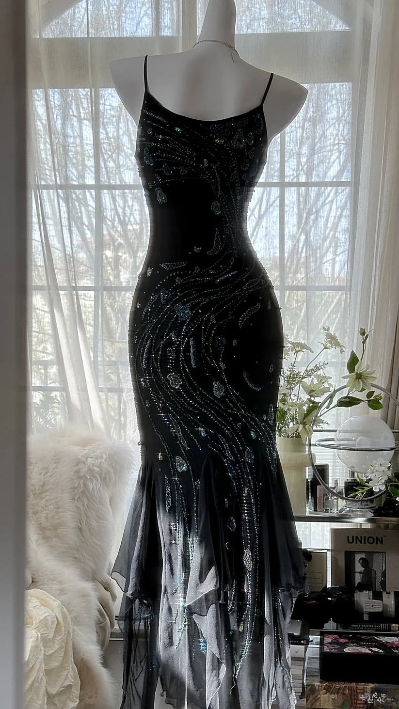 Robe de bal noire magnifique, rétro, élégante et exquise, en mousseline de soie perlée, à bretelles spaghetti, nv5409