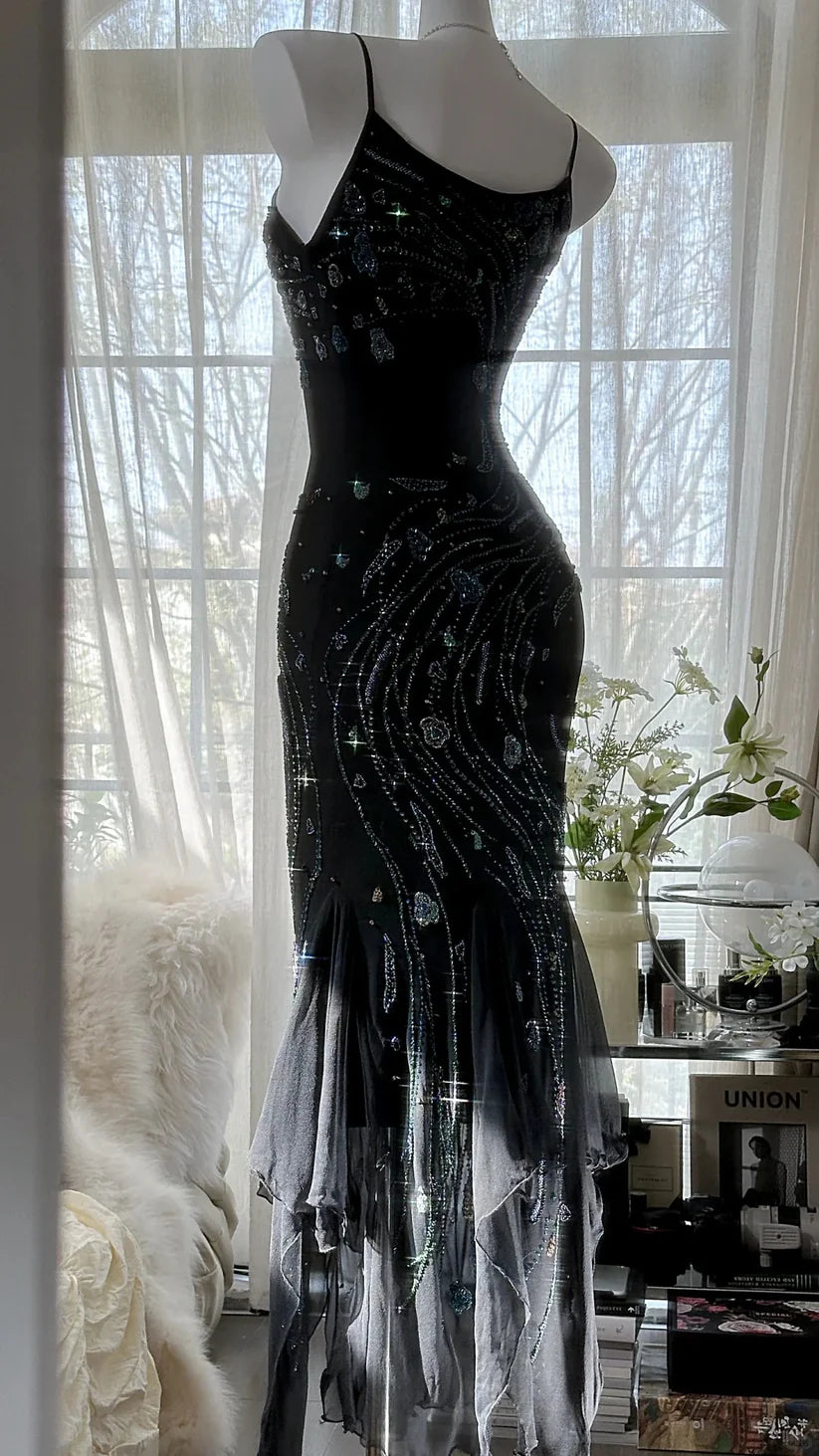 Robe de bal noire magnifique, rétro, élégante et exquise, en mousseline de soie perlée, à bretelles spaghetti, nv5409