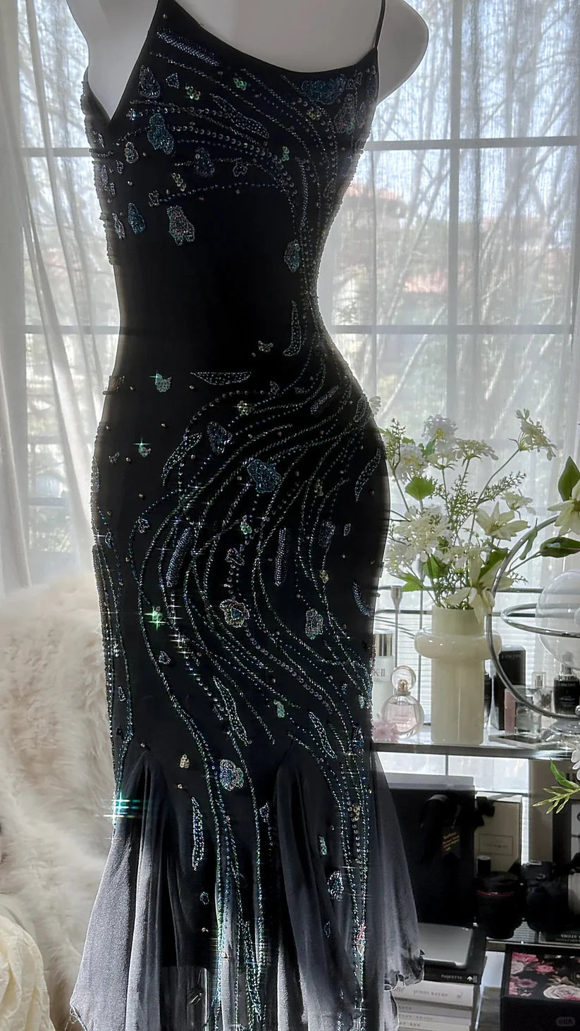 Robe de bal noire magnifique, rétro, élégante et exquise, en mousseline de soie perlée, à bretelles spaghetti, nv5409