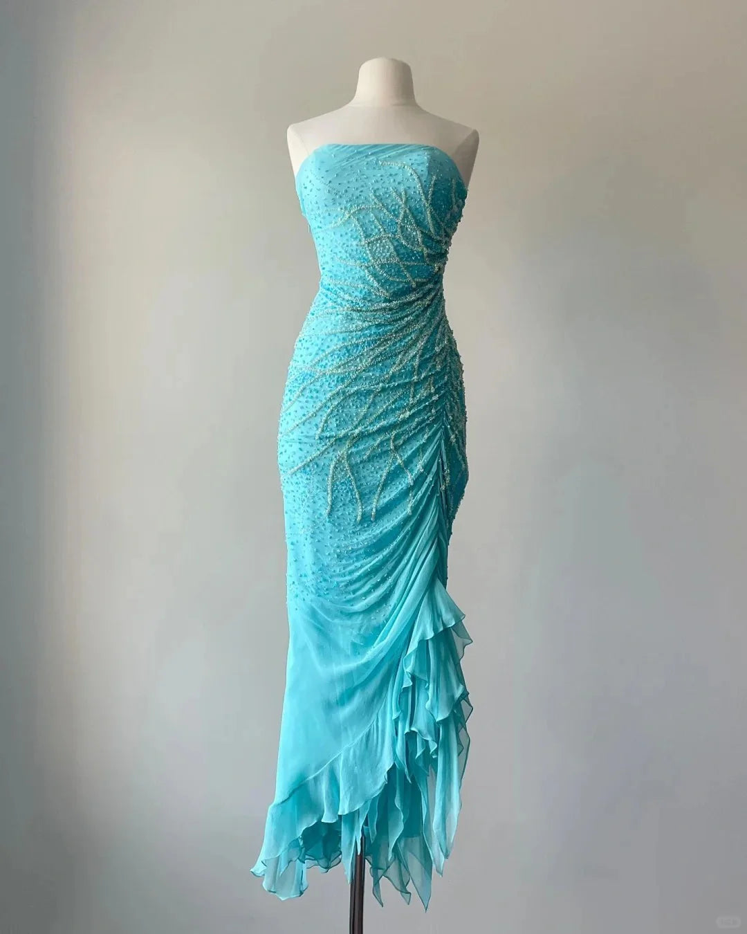 Blue exquisite beaded elegant off-shoulder mermaid slim long chiffon Prom Dress evening dress party dress nv4757