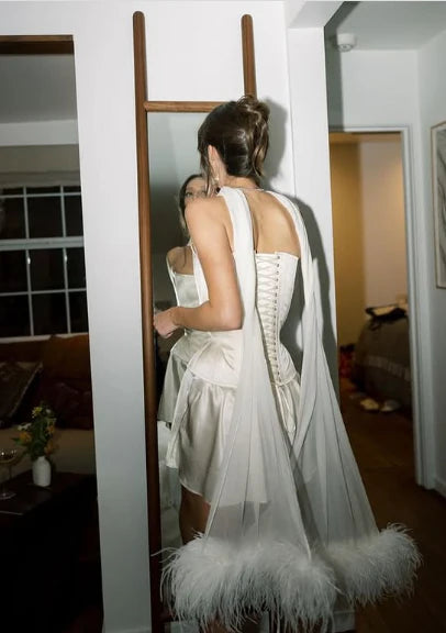 (Including scarf) Ivory off-the-shoulder fashionable short satin homecoming dress birthday party dress nv5278