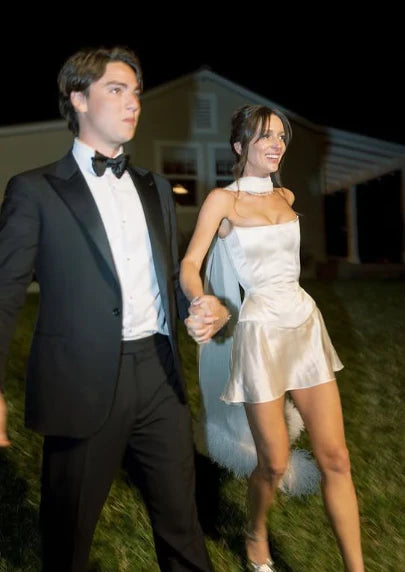 (Including scarf) Ivory off-the-shoulder fashionable short satin homecoming dress birthday party dress nv5278