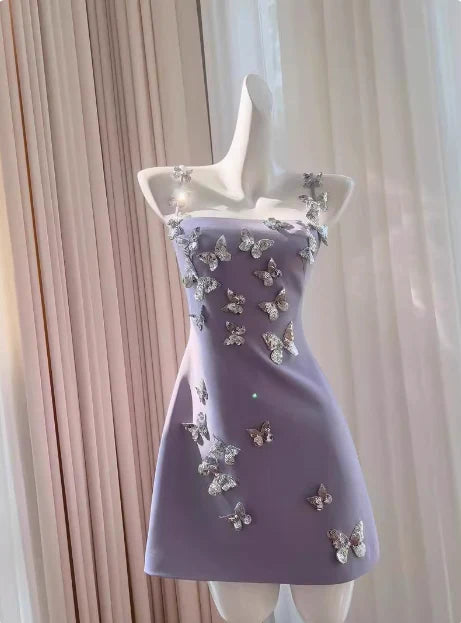 Robe courte de soirée papillon violette, robe de fête d'anniversaire nv5061