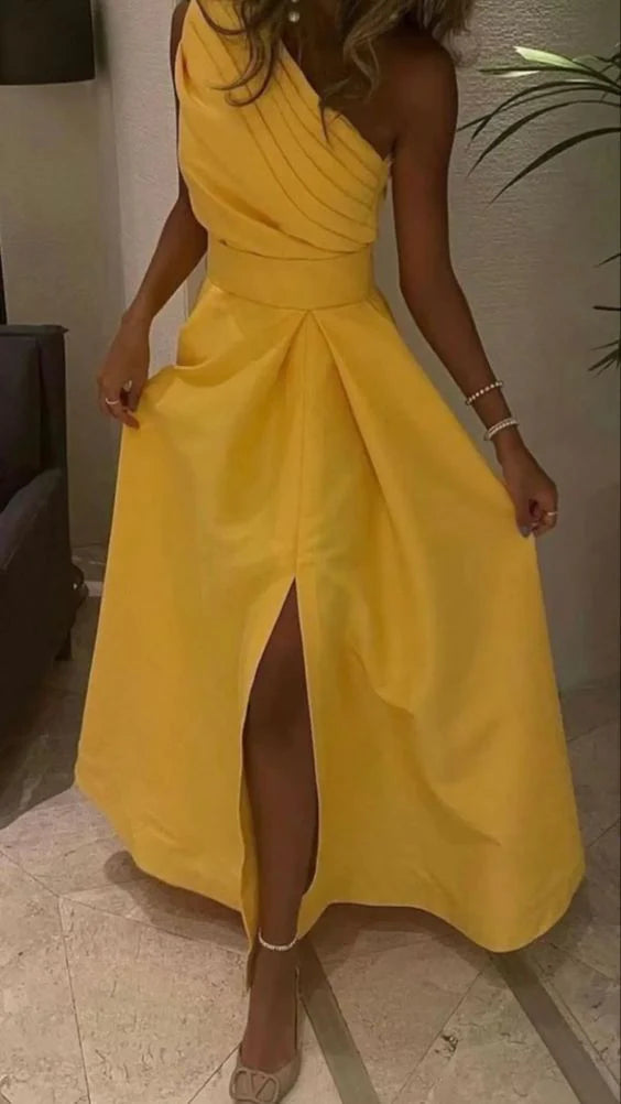 Gelbes A-Linien-Abendkleid mit einfacher, eleganter, eindrucksvoller Ärmellosigkeit, einer Schulter, gerüschtem, langem Schlitz, Ballkleid, Partykleid nv2554
