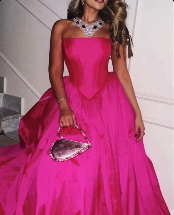 Robe de soirée longue en satin rose vif, simple et élégante, coupe A, épaules dénudées, nv2216