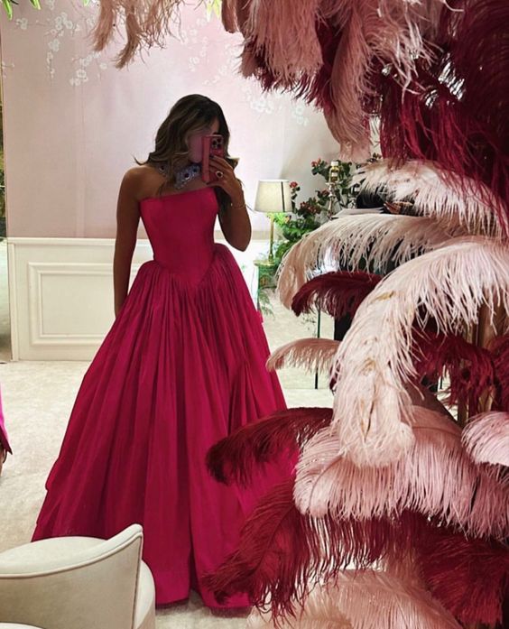 Robe de soirée longue en satin rose vif, simple et élégante, coupe A, épaules dénudées, nv2216
