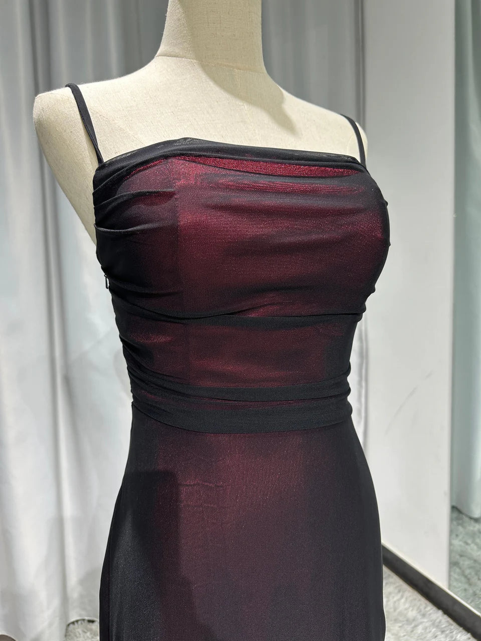 Burgundy Vintage Fashion Elegant Bodycon Spaghetti Strap Long Tulle Satin Formal Women's Ball Dress Evening Dress Party Dress Prom Dress nv3929