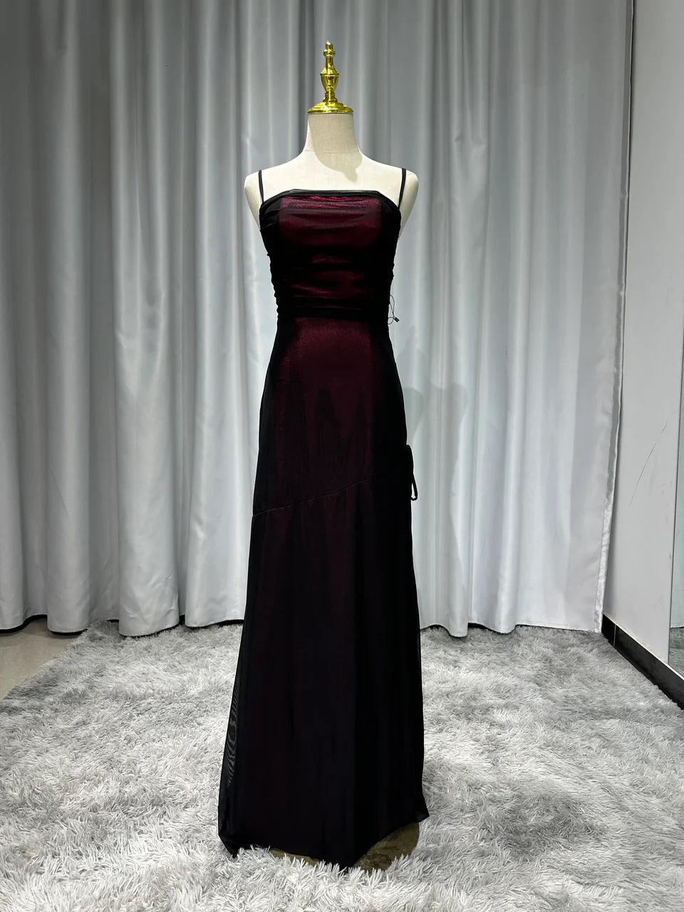 Burgundy Vintage Fashion Elegant Bodycon Spaghetti Strap Long Tulle Satin Formal Women's Ball Dress Evening Dress Party Dress Prom Dress nv3929
