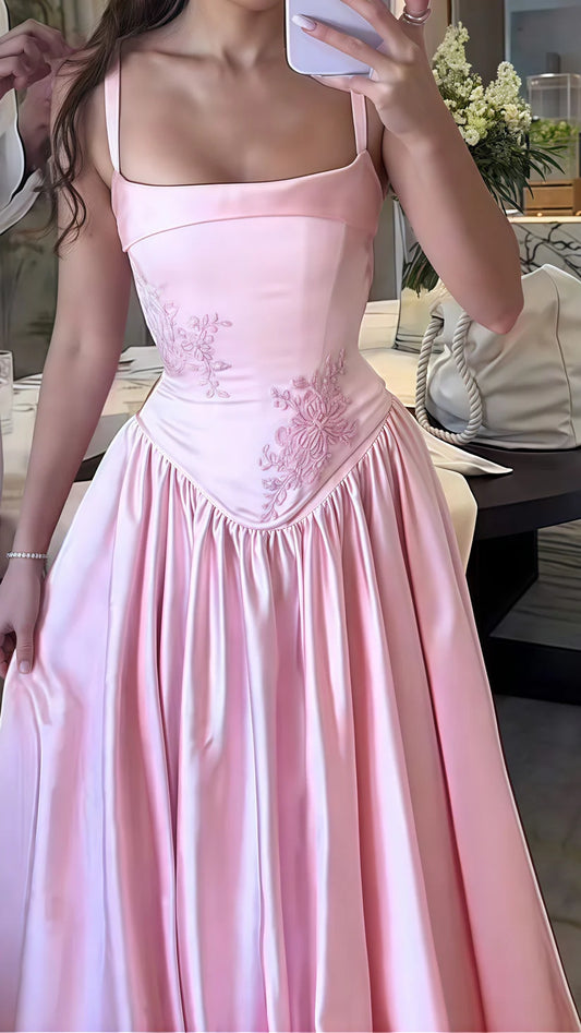 Pink Elegant Fashion Applique Evening Dress A-Line Strap Long Satin prom dress Evening Dress Wedding Party Dress Bridesmaid Dress nv3774