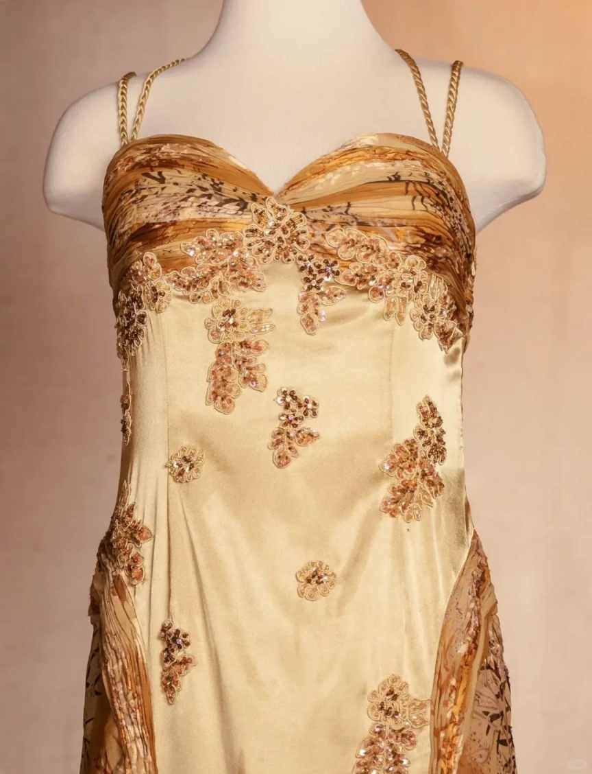 Gold Floral Elegant Long Satin Prom  Dress Evening Dress Party Dress nv4696