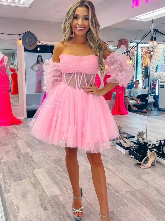 Princess Strapless Short Pink Prom Dresses with Sleeves, Pink Short Homecoming Dresses, Pink Formal Evening Dresses nv1472