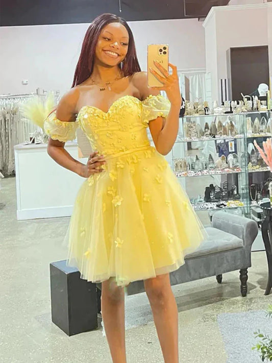 Princess Yellow Floral Short Prom Dresses, Sweetheart Neck Yellow Homecoming Dresses, Strapless Yellow Formal Graduation Evening Dresses nv1476