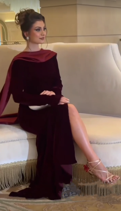 Burgunderrotes edles und elegantes rückenfreies Perlenband beeindruckendes langes Samtballkleid Abendkleid Partykleid nv2597