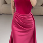 Rosa schlichte, modische, elegante Tube-Top-Schulterfrei, langer Samt mit Satinnähten, plissiertes langes Abendkleid, Ballkleid, Partykleid, NV2610