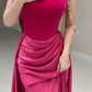 Rosa schlichte, modische, elegante Tube-Top-Schulterfrei, langer Samt mit Satinnähten, plissiertes langes Abendkleid, Ballkleid, Partykleid, NV2610