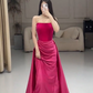 Rosa schlichte, modische, elegante Tube-Top-Schulterfrei, langer Samt mit Satinnähten, plissiertes langes Abendkleid, Ballkleid, Partykleid, NV2610
