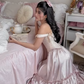 Robe de soirée longue en satin rose magnifique et élégante avec nœud en pierre précieuse nv2767