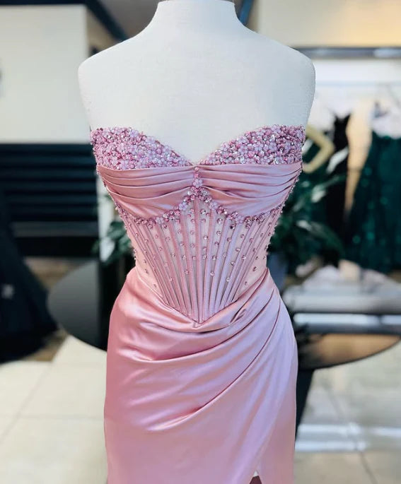 Pink Gorgeous Shiny Exquisite Beaded Long satin Slit Elegant Sexy Ball Gown Evening Dress Party Dress nv4146