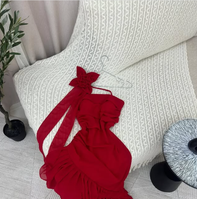 Red Fashion Elegant Floral Long chiffon Ruffle Ball Gown Evening Dress Party Dress nv3550