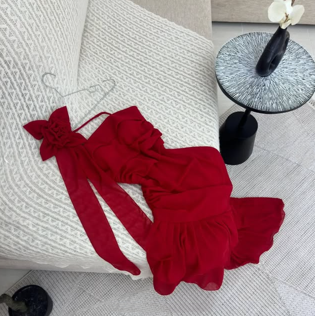 Red Fashion Elegant Floral Long chiffon Ruffle Ball Gown Evening Dress Party Dress nv3550