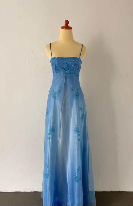 Blue Fashion Elegant Exquisite Embroidery Beading Spaghetti Strap Long Tulle prom dress Evening Gown Party Dress nv3979