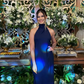 Navy Blue Simple Elegant Halter Neck Off Shoulder Slim Fashion Long Satin Ball Gown Evening Dress Party Dress nv2562