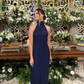 Navy Blue Simple Elegant Halter Neck Off Shoulder Slim Fashion Long Satin Ball Gown Evening Dress Party Dress nv2562