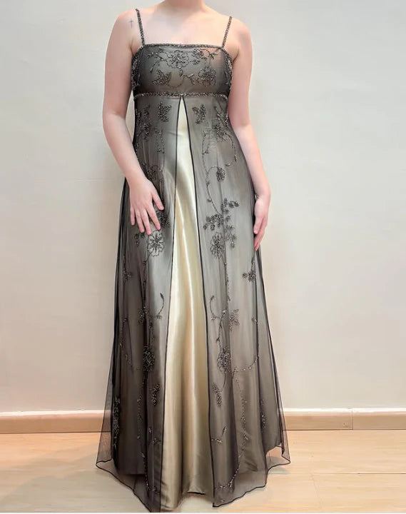 Brown Elegant Fashion Exquisite Spaghetti Strap Long Tulle Ball Gown Evening Dress Party Dress Prom Dress nv3978